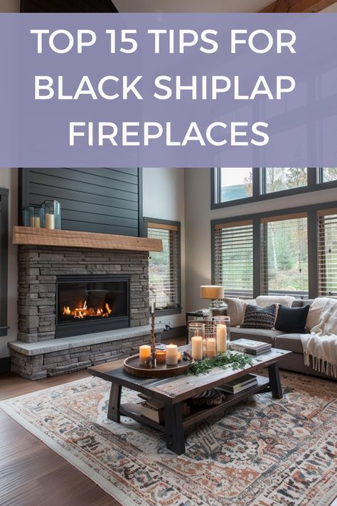 See how to design your perfect black shiplap living room fireplace with these 15 tips. Black Farmhouse Fireplace, Fireplace With Shiplap And Brick, Brick Fireplace Shiplap Wall, Charcoal Gray Fireplace, Rock And Shiplap Fireplace, Black Shiplap Above Fireplace, Black Shiplap Fireplace With Hearth, Stone And Shiplap Fireplace With Tv, Shiplap Over Fireplace