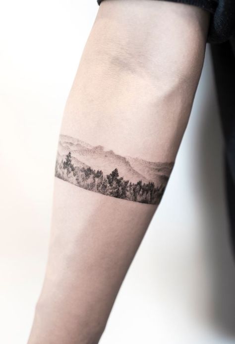 92 Lovely Tattoos by Hongdam - TheTatt Landscape Armband Tattoo, New Love Tattoo, Landscape Band Tattoo, Nature Armband Tattoo Design, Mountain Band Tattoo, Crocus Tattoo, Camp Tattoo, Hongdam Tattoo, Field Tattoo