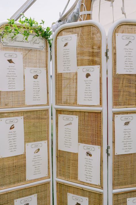 Room divider seating chart rattan coastal Seating Chart Shelf, Room Divider Seating Chart Wedding Ideas, Wedding Room Divider Ideas, Seating Chart Room Divider, Beach Seating Chart Wedding, Room Divider Seating, Panel Seating Chart, Seating Chart Wedding Unique, Room Divider Wedding Seating Chart