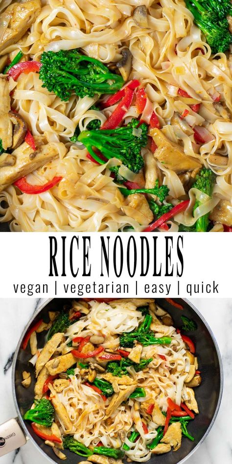 These Rice Noodles are made with colorful vegetables and vegan chicken, and are bursting with flavor. A great stir fry, budget-friendly and better than any take-out. Made in one wok or skillet, my easy Rice Noodles recipe comes together in under 20 minutes. #vegan #dairyfree #vegetarian #dinner #lunch #contentednesscooking #ricenoodles Easy Rice Noodle Recipes, Rice Noodles Recipe, Vegan Casseroles, Rice Noodle Recipes, Clean Eating Vegan, Vegan Entrees, Vegan Noodles, Easy Rice, Vegan Rice