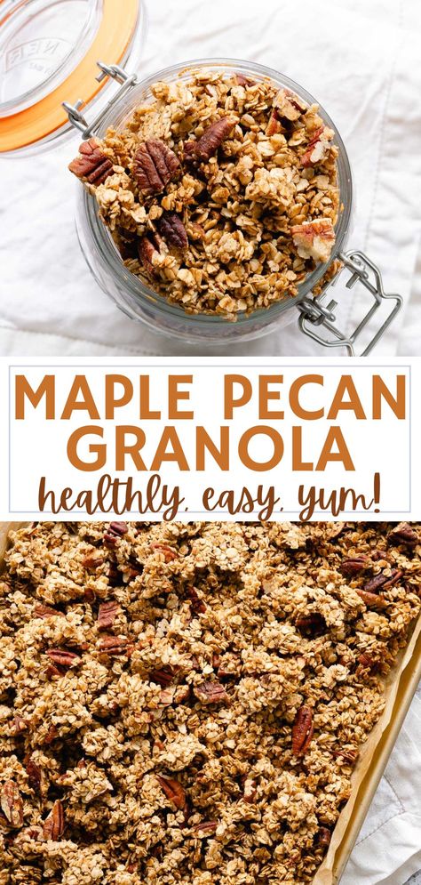 This maple pecan granola is all about those crunchy clusters of rolled oats, chopped pecans, and a touch of cinnamon. It hits the sweet and salty spot just right. Each bite is packed with nutty goodness and the cosy flavours of pure maple syrup and vanilla, making it a tasty treat you’ll love. Basic Crustless Quiche Recipe, Maple Pecan Granola Recipe, Maple Pecan Granola, Pecan Granola, Granola Ingredients, Granola Clusters, Cinnamon Granola, Easy Granola, Cookie Crisp