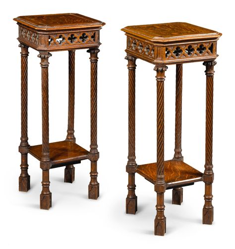 A pair of Victorian Gothic revival oak stands, mid-19th century Gothic Revival Furniture, Victorian Gothic Revival, Gothic Table, Ethnic Furniture, Antique Oak Furniture, Wood Furniture Legs, Victorian Table, Pair Of, Gothic Furniture