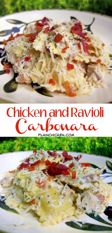 Chicken and Ravioli Carbonara - refrigerated ravioli and chicken tossed in a quick cream sauce and topped with bacon. Ready in under 30 minutes! Great weeknight pasta dish! Ravioli And Chicken Dinners, Ravioli And Chicken Recipe, Ravioli And Chicken, Chicken And Cheese Ravioli Recipes, Chicken With Ravioli Recipes, Ravioli Chicken Recipe, Ravioli Recipe With Chicken, Ravioli With Chicken Recipes, Chicken And Ravioli Recipes Dinners