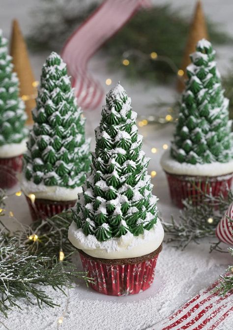 A photo of a group of Christmas tree cupcakes surrounded by evergreen branches Cherry Cupcakes Recipes, Kitchen Christmas Tree, Easy Christmas Cupcakes, Tree Cupcakes, Christmas Cupcakes Recipes, Christmas Cupcakes Decoration, Christmas Tree Cupcakes, Preppy Kitchen, Easy Christmas Treats