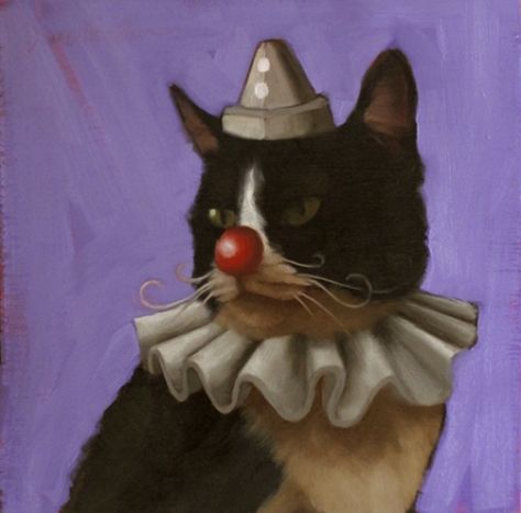 Tuxedo Clown, character cat no. 3 -- Diane Hoeptner Clown Character, Peaceful Blue, Clown Paintings, Cat Portrait Painting, Cat Paintings, Cat Art Illustration, Animal Portraits Art, Unusual Art, Cat Artwork