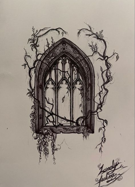 Gothic Windows Tattoo, Victorian Tattoo, Rabe Tattoo, Stained Glass Tattoo, Gothic Drawings, Whimsical Tattoos, Goth Gifts, Castle Tattoo, Framed Tattoo