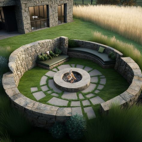 Deep Fire Pit, Big Outdoor Fire Pit Ideas, Conversation Fire Pit, Backyard Conversation Pit, In Ground Fire Pit With Seating, Conversation Pit Outdoor, Underground Fire Pit, Diy Conversation Pit, Outdoor Conversation Pit