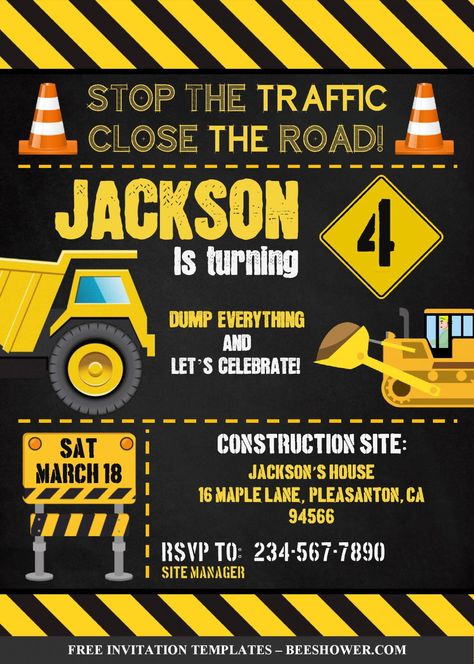 Download Construction Birthday Invitation Templates – Editable With MS Word | Beeshower Construction Birthday Invitations Free, Construction Party Invitations, Construction Invitations, Construction Birthday Invitations, Construction Theme Birthday Party, Construction Theme Party, Invitation Card Birthday, Construction Birthday Parties, Construction Theme