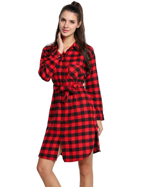 Women's Flannel Plaid Checker Shirts Dress with Belt Elan Dress, Shirt Gown, Red And Black Flannel, Black Flannel, Tunic Shirt Dress, Collared Shirt Dress, Flannel Women, Checkered Shirt, Long Sleeve Flannel