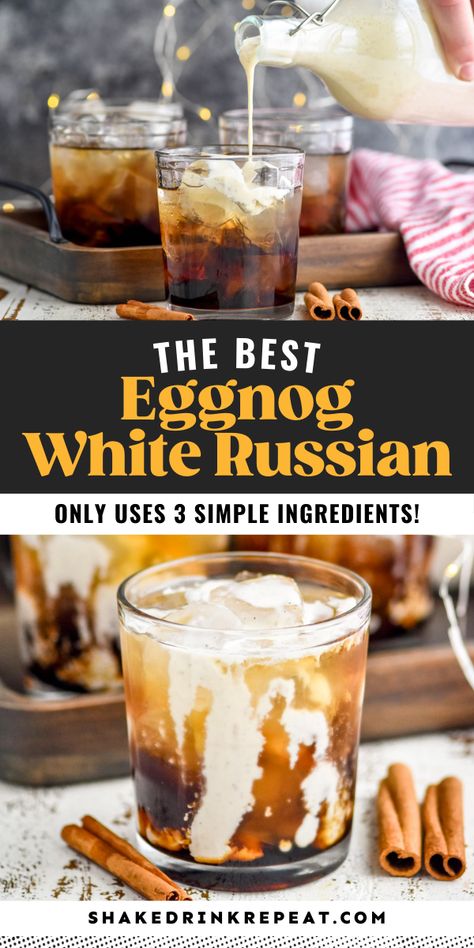 If you love eggnog and coffee liqueur, you have to try our Eggnog White Russian recipe! It's a creamy, spice-filled, sweet coffee-flavored mixed drink that is so smooth to drink, it’s hard not to love this one! Bourbon Eggnog White Russian, Eggnog White Russian Recipe, Eggnog White Russian Cocktails, Egg Nog White Russian Recipe, Eggnog Coffee Drinks, Eggnog And Rum Drinks, Egg Nog White Russian, Spiced Eggnog Drinks, Eggnog White Russian