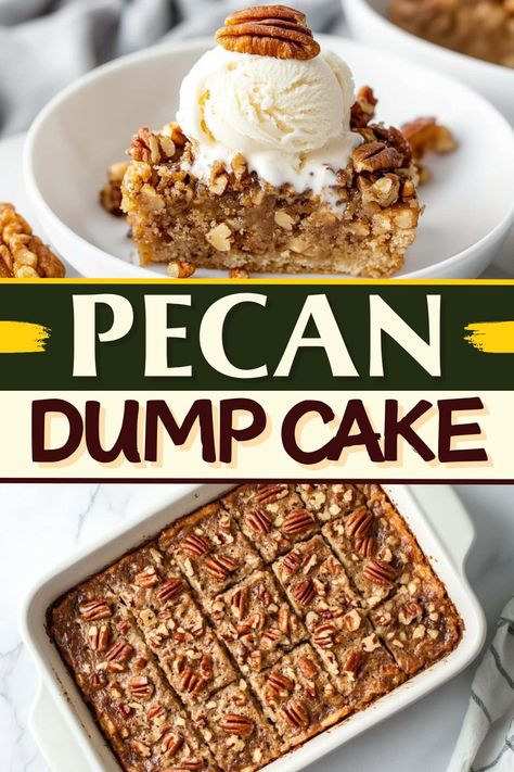 This easy pecan dump cake has all the flavors of pecan pie with none of the effort! Serve it with vanilla ice cream for a real treat. Pecan Poke Cake Recipes, Pecan Pie Dump Cake Easy, Pecan Dump Cake Recipes Easy Desserts, Pecan Pie Dump Cake Recipes, Pecan Dump Cake Recipes, Pecan Cake Mix Recipes, Pecan Pie Dump Cake, Deserts Recipes Easy Quick, Pecan Dump Cake