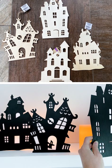 Halloween Village Houses, Halloween Store Display, Diy Halloween Village, Dollar Store Halloween Diy, Dollar Store Home Decor, Dollar Store Halloween Decorations, Diy Tree Decor, Decorate Home, Casa Halloween