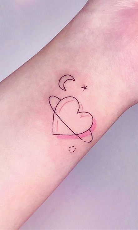 Bueaty And The Beast Tattoo, Heart Space Tattoo, Heart Universe Tattoo, Space Heart Tattoo, Moon Tattoo Inspiration, Kawaii Heart Tattoo, Moon With Heart Tattoo, Heart Aesthetic Tattoo, Heart Planet Tattoo