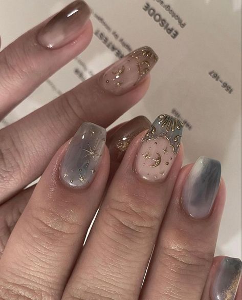 Moon And Star Nails, Asian Nails, Pretty Gel Nails, Really Cute Nails, Kawaii Nails, Star Nails, Nails Desing, Moon And Star, Dream Nails