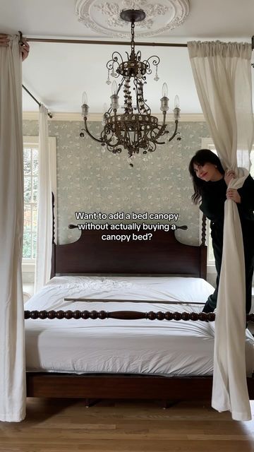 Shelby | Pretty in the Pines on Instagram: "Let’s make a canopy bed without having a canopy bed! Taking me back to our honeymoon resort ☁️ comment ‘curtains’ for rod/curtain details to be sent over! #bedroommakeover #bedroomdecor #canopybed" Canopy Bed Without Frame, Curtain Over Bed, Bed Without Frame, Curtains Around Bed, Canopy Bed Drapes, Guess Room, Curtains Behind Bed, Twin Canopy Bed, Canopy Over Bed