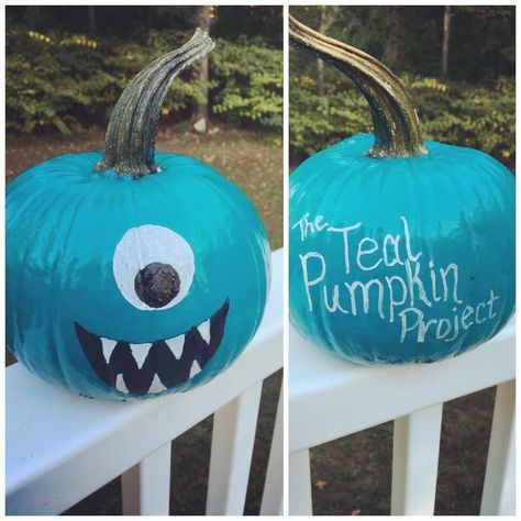 Creative Ways to Decorate a Teal Pumpkin | POPSUGAR Moms Blue Pumpkin Painting Ideas, Teal Pumpkin Ideas, Fall Festival Food, Paint A Pumpkin, Charlie George, Teal Pumpkin Project, Blue Halloween, Harvest Fest, Teal Pumpkin