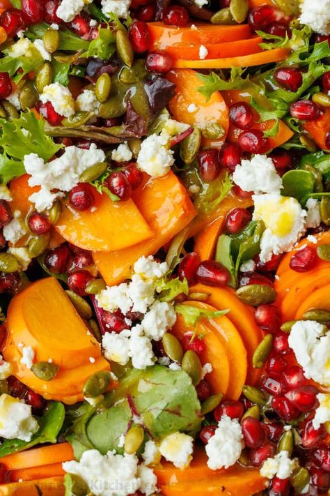 My persimmon Salad recipe features fresh fruit, crunchy toasted pepitas, tangy goat cheese, and a maple vinaigrette. Festive for any holiday! Persimmon Salad Recipe, How To Eat Persimmon, Maple Vinaigrette Dressing, Salad With Maple Vinaigrette, Toasted Pepitas, Persimmon Salad, Persimmon Bread, Blueberry Zucchini Bread, Blueberry Zucchini