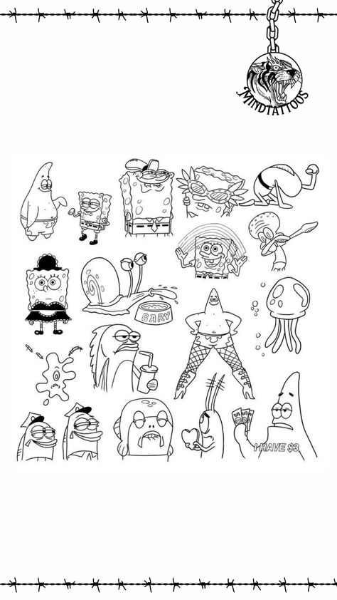 Mini Spongebob Tattoo, Spongebob Character Tattoos, Spongebob Trio Tattoo, Funny Spongebob Tattoo Ideas, Spongebob Stick And Poke, Spongebob Tattoo Black And White, Spongebob And Patrick Tattoo Ideas, Spongebob And Squidward Tattoo, Funny Spongebob Tattoo