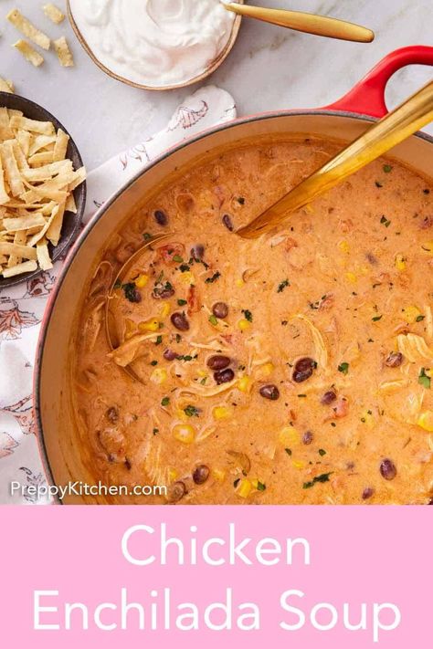 This easy Chicken Enchilada Soup is deliciously creamy and is packed with protein, corn, beans, and zesty spices. Ready in 30 minutes, it is a satisfying quick-fix dinner the whole family will love! Chicken Enchilada Soup Easy Stovetop, Creamy Chicken Enchilada Soup Crock Pot, Cheesy Enchilada Soup, Chicken Soup Enchiladas, Chicken Enchilada Soup Instant Pot, Creamy Enchilada Soup, Enchilada Soup Crockpot, Easy Chicken Enchilada Soup, Chicken Enchilada Chili