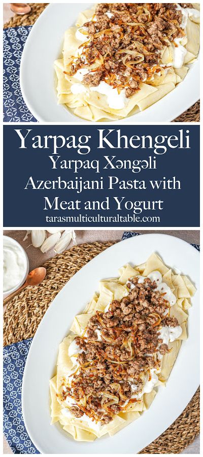 Yarpag Khengeli (Yarpaq Xəngəli, Azerbaijani Pasta with Meat and Yogurt) on a large white platter. Azerbaijan Food Recipes, Azerbaijan Recipes, Azerbaijani Recipes, Azerbaijani Food, Pasta With Meat, Cold Pasta Dishes, East Recipes, Shaped Pasta, Yogurt Toppings