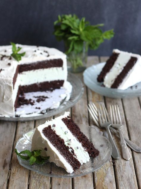 Mint Chocolate Chip Ice Cream Cake - Completely Delicious Chocolate Chip Ice Cream Cake, Mint Chocolate Chip Ice Cream Cake, Mint Chocolate Recipes, Mint Chocolate Desserts, Chocolate Lasagna Recipe, Mint Cake, Ice Cream Cake Recipe, Mint Chocolate Chip Ice Cream, Mint Ice Cream