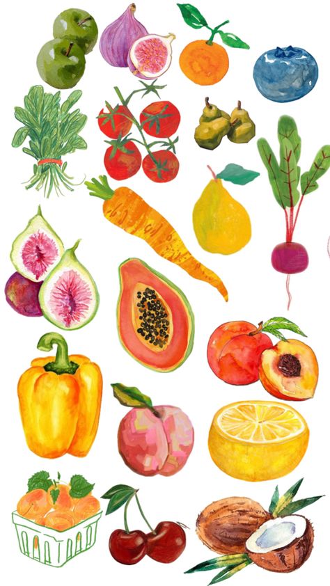 Summer Food Drawing, Drawings Of Fruits And Vegetables, Watercolor Food Easy, Fruit And Veggie Illustration, Fruit Drawing Aesthetic, Veggie Drawings, Illustrated Vegetables, Fruits And Vegetables Drawing, Veggie Painting