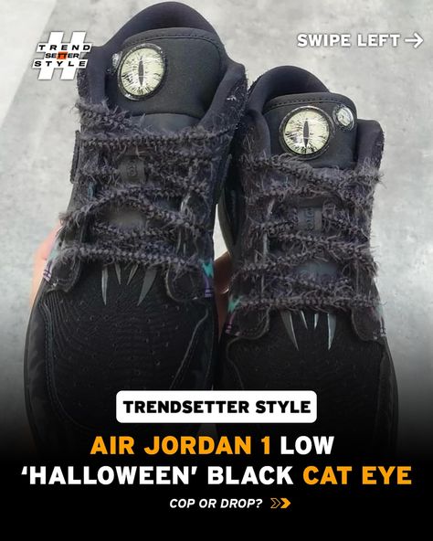 The Air Jordan 1 Low ‘Halloween’ is here to spook up your sneaker game! Featuring glow-in-the-dark black cat eyes on the tongue and a textured spider-web pattern on the toe-box, these kicks are a standout in the black cat sneaker lineup. The suede and laces mimic the sleek fur of a black cat, making them a must-have for Halloween and beyond. Cop or Drop ⁉️ — Follow: @trendsetterstyle_ for Daily Fashion/Streetwear News, Trends, Drops & More!! - #AirJordan1Low #HalloweenSneakers #BlackCatEy... Halloween Sneakers, Web Pattern, Web Patterns, The Black Cat, Black Cat Eyes, A Black Cat, Cat Eyes, Sneaker Games, Air Jordan 1 Low