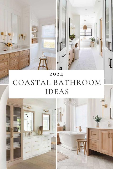 Beautiful Coastal Bathroom Ideas and Trends for 2024 – jane at home Nantucket Bathroom Design, Beach House Powder Room Ideas, Coastal Minimalist Bathroom, White And Wood Bathroom Decor, Beach Half Bathroom Ideas, White Cabinets Bathroom Ideas, White Cabinets In Bathroom, Off White Bathrooms, Coastal California Bathroom