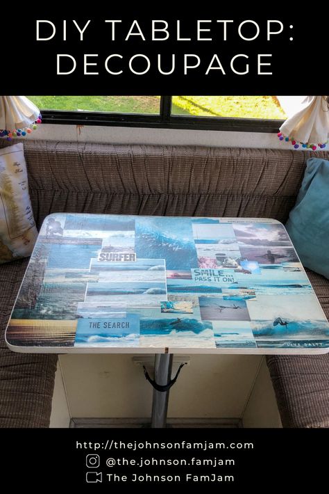 Use decoupage to update your outdated table top or cabinets! Mod Podge Table Top, Sticker Table Top, Decoupage Table Top Ideas, Decoupage Table Top, Table Top Makeover, Modge Podge Table, Decoupage Table, Painted Table Tops, Upcycle Table