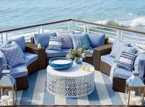 @interiorsol0505 posted to Instagram: This is my dream deck complete with view!!  What is yours?  #coastal #coastalliving #livingroom #livingroomdecor #designinspiration #designporn #designlife #interiordecor #interiorarchitecture #decorating #homedesign #momlife #momboss #mombossbabe #fixerupper #interiors #interior123 #decoration #interiorforinspo #myhome #homeinspo #interior4all #interiordetails #inspohome #fairfieldct #homedecor #interior4you1 #transitionaldesign #greenwichhomes #ctinteriord Used Outdoor Furniture, Terrasse Design, Painting Wooden Furniture, Blue Items, Blue Patio, Modular Seating, Condo Design, Seaside Living, Best Outdoor Furniture