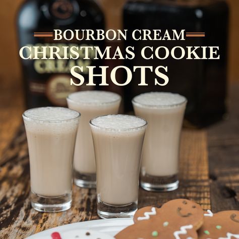 Christmas Cookie Shots made with Buffalo Trace Bourbon Cream - All the comforting festive flavor you need. No baking required. Buffalo Trace Bourbon Cream Recipes, Bourbon Cream Cocktail, Christmas Shots Recipes, Triple Sec Drinks, Layered Shots, Buffalo Trace Bourbon, Whiskey Drinks Recipes, Flavored Alcohol, Cookie Shots