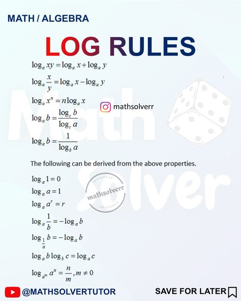 Logarithm rules are a set of mathematical principles that help simplify and manipulate expressions involving logarithmic functions. Logarithms Notes, Logarithm Formulas, Mathematics Functions, Simplify Math, Algebra Math, Functions Math, Logarithmic Functions, Coordinate Geometry, Math Tutoring