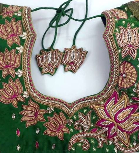 Lotus Design Aari Work, Lotus Aari Work, Latest Maggam Designs, Lotus Embroidery Design, Embroidery Design Blouse, Silk Saree Blouse Pattern, Heavy Maggam Work Blouses, Sari Designs, Lotus Embroidery