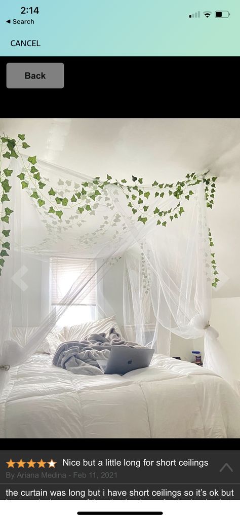 Canopy with white curtains / mosquito netting. Vines along the edges. Bed With White Curtains, White Bed Curtains, White Canopy Bed With Curtains, Green Bed Curtain, White Bed With Canopy, Canopy Bed Ideas With Vines, Mosquito Net Bed Fairy Lights, Bed With Net Canopy, White Bedroom With Vines