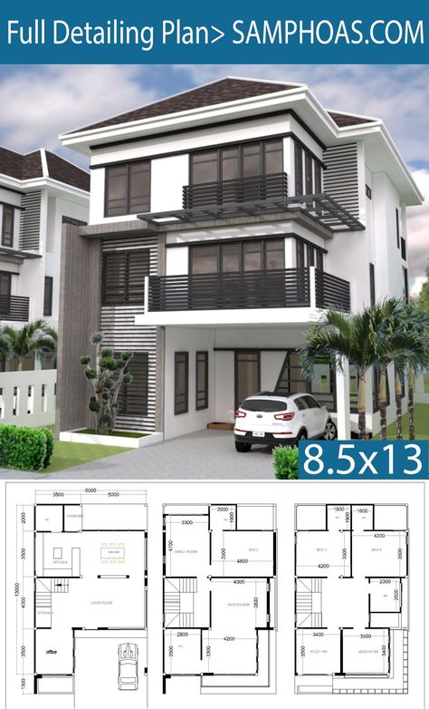 Mar 21, 2019 - 6 Bedrooms House Plan 8.5x13m This villa is modeling by SAM-ARCHITECT With 3 stories level. It's has 4 bedrooms. 4 Bedroom 8x12m House descr House Plans 2 Story, 6 Bedroom House Plans, 3 Storey House Design, Picture Profile, Decor Images, Two Story House, 6 Bedroom House, Duplex House Plans, House Construction Plan