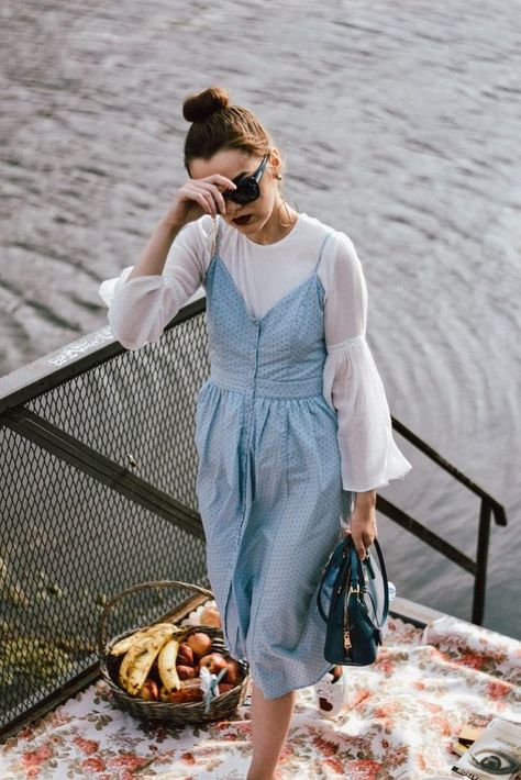 Layer A Dress, Bell Sleeve Top Outfit, Layering A Dress, Shirt Under Dress, Statement Gold Earrings, Blue Prada, Baby Blue Dress, Dotted Dress, Polka Dot Midi Dress