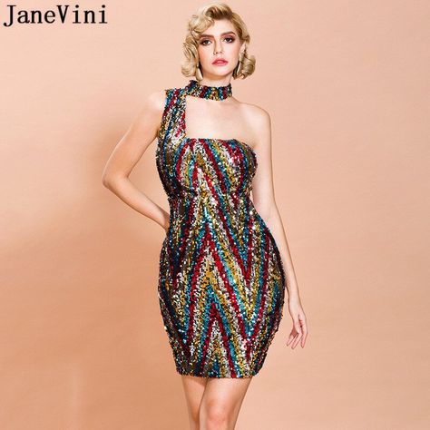 JaneVini Shiny Colorful Sequins Cocktail Dresses for Women Short Sexy Halter Formal Tea Dresses Woman Party Night Dinner Gowns Multi Color Sequin Dress, Dinner Gowns, Mini Prom Dresses, Sequin Party Dress, Sequin Cocktail Dress, Women's Evening Dresses, Multicolor Dress, Slim Dresses, Club Dresses