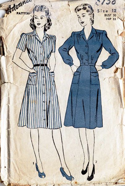 1940s day dresses - very nice!  I just prefer them a foot longer for me, but I love the simplicity and tailoring of these two dresses. Fashion 1940s Style, 1940s Dress Pattern, 1940 Fashion, Áo Blu, Pattern Dresses, Patron Vintage, Fashion 1940s, 1940's Fashion, Dress Patterns Free