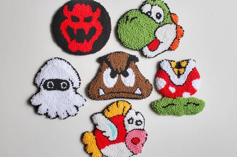 Super Mario Punch Needle Coasters #punchneedlecoaster #mugrug #mario #supermario #cozyhome #gamersetup #tuftedmugrug Mario Punch Needle, Tufting Rugs, Punch Needle Coasters, Punch Needling, Rug Coaster, Fabric Gift Wrap, Mario Luigi, Classic Video, Punch Needle Patterns