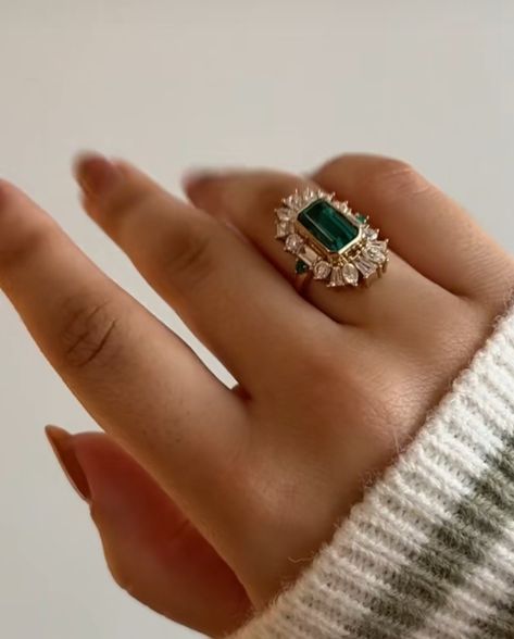 Emerald Engagement Ring Aesthetic, Emareld Green Ring, Emerald Green Engagement Ring Vintage, Emerald Gem Engagement Ring, Unique Emerald Rings, Emerald Gemstone Engagement Ring, Emerald And Diamond Engagement Ring, Wedding Ring Upgrade, Green Engagement Rings