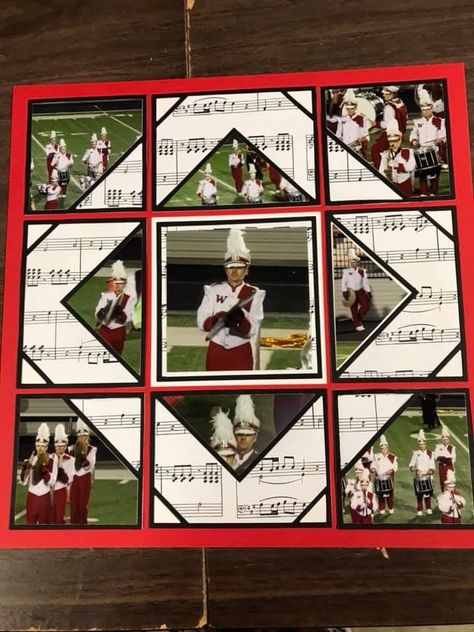 Band Scrapbook Ideas, Class Picture Scrapbook Layout, School Pictures Scrapbook Layouts, Band Scrapbook Layouts, Marching Band Scrapbook Layouts, Music Scrapbook Layouts, Musical Scrapbook Layouts, Lea France Layouts Scrapbook Pages, Graduation Scrapbook Pages