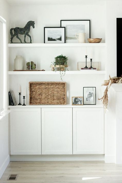 Best tips for styling builtins around a fireplace Builtin Bookshelves Fireplace Decor, How To Decorate Large Built In Shelves, Bookshelve Styling Built Ins, Styling Long Built In Shelves, Shelf Styling Fireplace, Shelf Decor Fireplace, Alcove Shelf Styling Living Room, Modern Fireplace Floating Shelves, Stage Floating Shelves