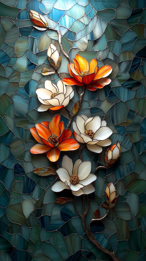 🌺✨ Elevate your space with this stunning 3D stained glass design featuring exquisite magnolia flowers in vibrant shades of orange, yellow, red, and white! The marbled green, white, and blue background enhances the intricate details of each flower. 🌼🌿 With bright gold lines highlighting the lifelike blooms, this handmade masterpiece captures light beautifully, illuminating every corner of your r... 3d Stained Glass Art, Glass Art Wallpaper, White And Blue Background, Flowers Stained Glass, Magnolia Art, Flower Stained Glass, Stained Glass Flower, Glass Art Techniques, Wallpaper Colorful