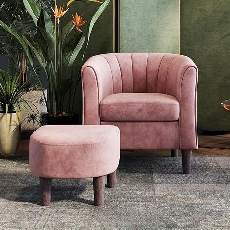 Amazon.com: LINSY Velvet Accent Chair, Barrel Chair with Ottoman, Modern Comfy Reading Chair Armchair for Living Room Study Room Office, Pink : Home & Kitchen Comforting Hug, Reading Armchair, Comfy Reading Chair, Chest Bedside Table, Comfy Reading, Dining Table With Storage, Comfy Armchair, Ottoman Modern, Chair With Ottoman