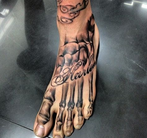 Harlem skeleton foot tattoo. So badass. By Celebrity Ink Tattoo Phuket Harlem Tattoo Ideas, Men’s Feet Tattoo, Skeleton Feet Tattoo, Mens Feet Tattoos, Men Foot Tattoo, Mens Foot Tattoos, Foot Tattoo For Men, Skeleton Foot Tattoo, Foot Tattoo Stencil