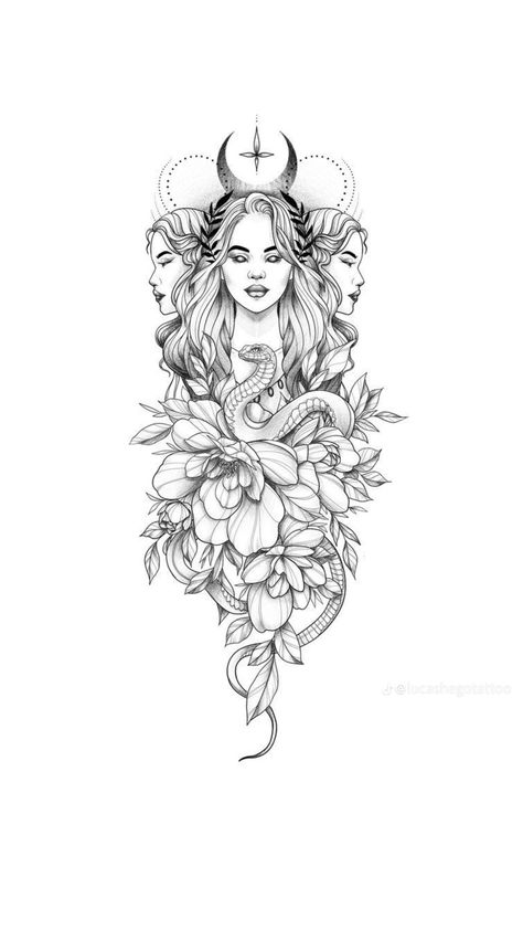 Feminist Tattoo, Wiccan Tattoos, Floral Thigh Tattoos, Greek Mythology Tattoos, Snake Tattoo Design, Witch Tattoo, Goddess Tattoo, Full Back Tattoos, Tattoo Templates