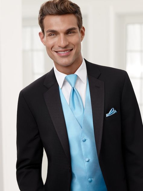 LarrBrio » Valotta's Tuxedo Black Tux With Light Blue Tie, Chambelanes Suits, Prom Guys Outfits, Prom Tuxedo Ideas, Grey Tuxedo Wedding, Chambelan Outfits, Tuxedo Ideas, Grey Tux, Light Blue Vest