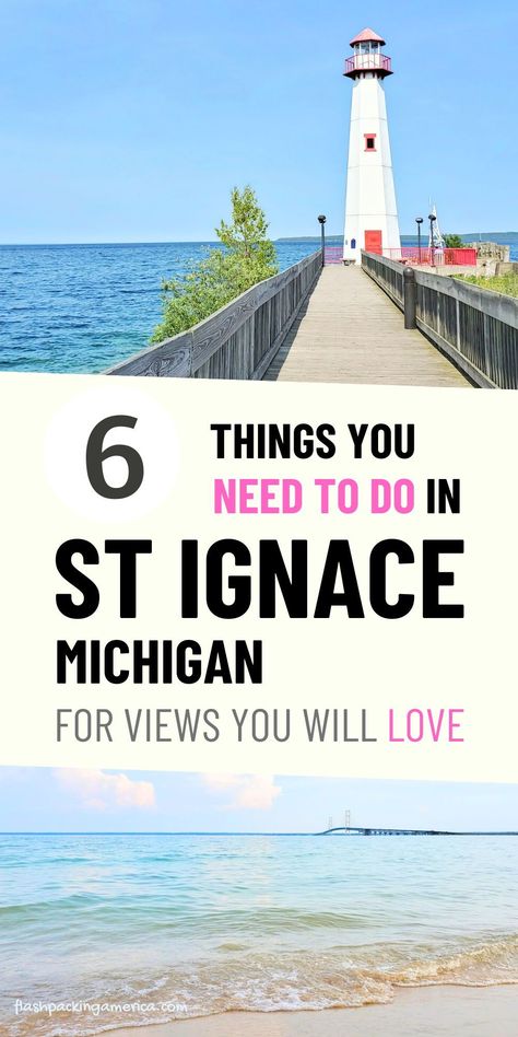 Great Lakes road trip ideas. Visit the blog post for planning a quick stop in St Ignace Michigan near the Mackinac Bridge! You can take a Mackinac Island ferry from St Ignace or Mackinaw City. upper peninsula michigan road trip ideas. places to visit in michigan. lake huron. michigan state parks. outdoor travel destinations. michigan summer vacation road trip. flashpacking america michigan. St Ignace Michigan Things To Do, Places To Visit In Michigan, Lake Huron Michigan, St Ignace Michigan, Michigan Summer Vacation, Michigan Travel Destinations, Mackinaw Island, Travel Michigan, Midwest Road Trip