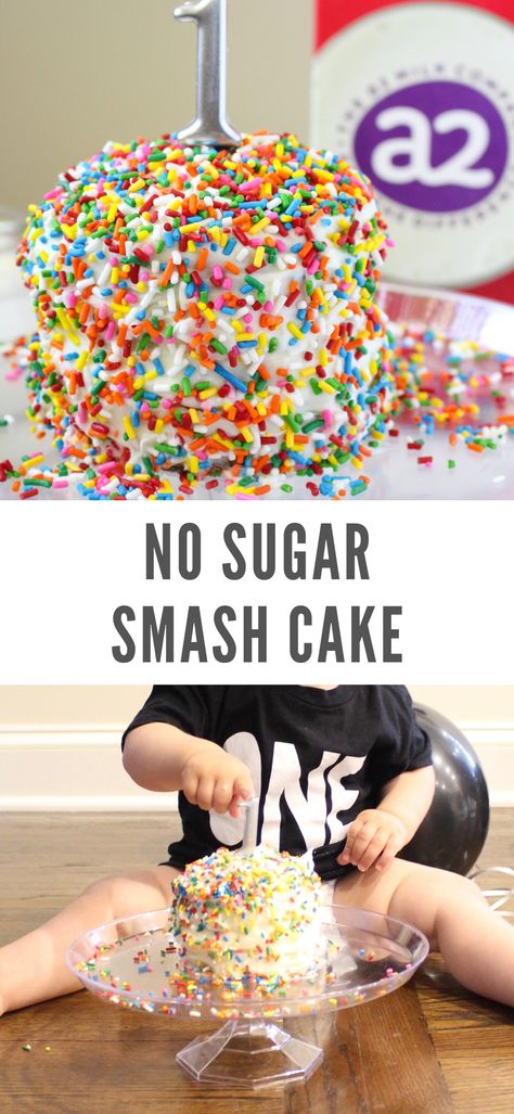 This Healthier Smash Cake (#ad) is a small birthday cake made with healthier ingredients, perfect for a first birthday party! With less than 10 ingredients and made in 1 bowl, this 4-inch birthday cake is perfect for your little one! #glutenfree #nutfree #1stbirthday #nosugar #lowsugar #healthydesserts #smallcake  [Sponsored by a2 Milk] | chelseyamernutrition.com Treats For First Birthday Party, Dessert For First Birthday, Healthy Cake Smash Recipe 1st Birthdays, Yogurt Smash First Birthday, Simple Smash Cake Recipe, Healthy Birthday Cake For Baby, Small First Birthday Cake, Healthier Smash Cake Recipe, Healthy 1st Birthday Cake