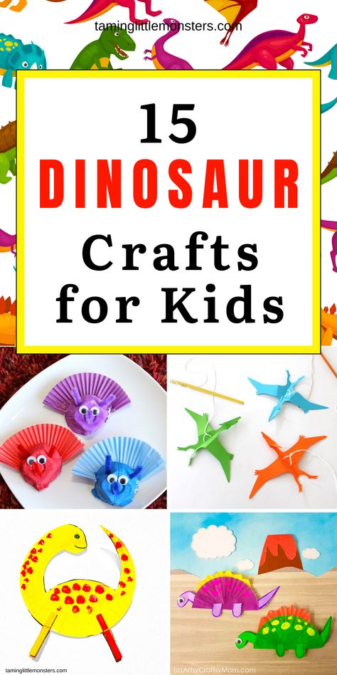 15 Dinosaur Crafts - Fun Crafts for Kids. Check out these amazing dinosaur crafts to include in your list of dinosaur activities for toddlers, preschoolers and kindergarten. #dinosaurs #artsandcrafts #toddlers #preschoolers #kindergarten Dinosaur Crafts For Preschoolers, Dinosaur Crafts For Toddlers, Dinosaur Crafts For Kids, Dinosaur Art Projects, Dinosaur Crafts Preschool, Dino Craft, Dinosaur Activities Preschool, Dinosaur Projects, Crafts For Preschoolers